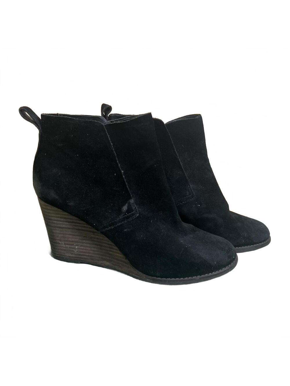Lucky Brand Black Suede Wedge Ankle Boots Size 9.5 Boho Chic Fall Booties